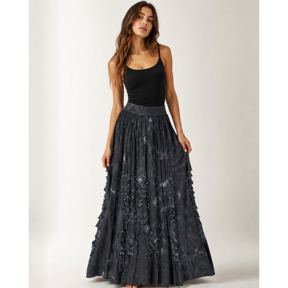 TOV Los Angeles Distressed Acid Wash Maxi Skirt Size 38 Black Boho Grunge